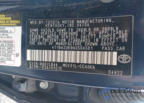 2004 Toyota Camry Se V6 z USA, uszkodzony, nr VIN 4T1BA32K94U504501